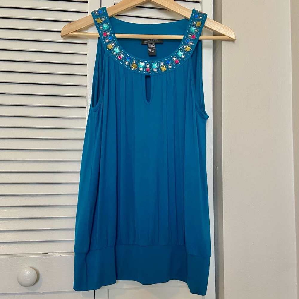 Cable & Gauge Jeweled & Beaded Bubble Hem Sleeveless Top L Large